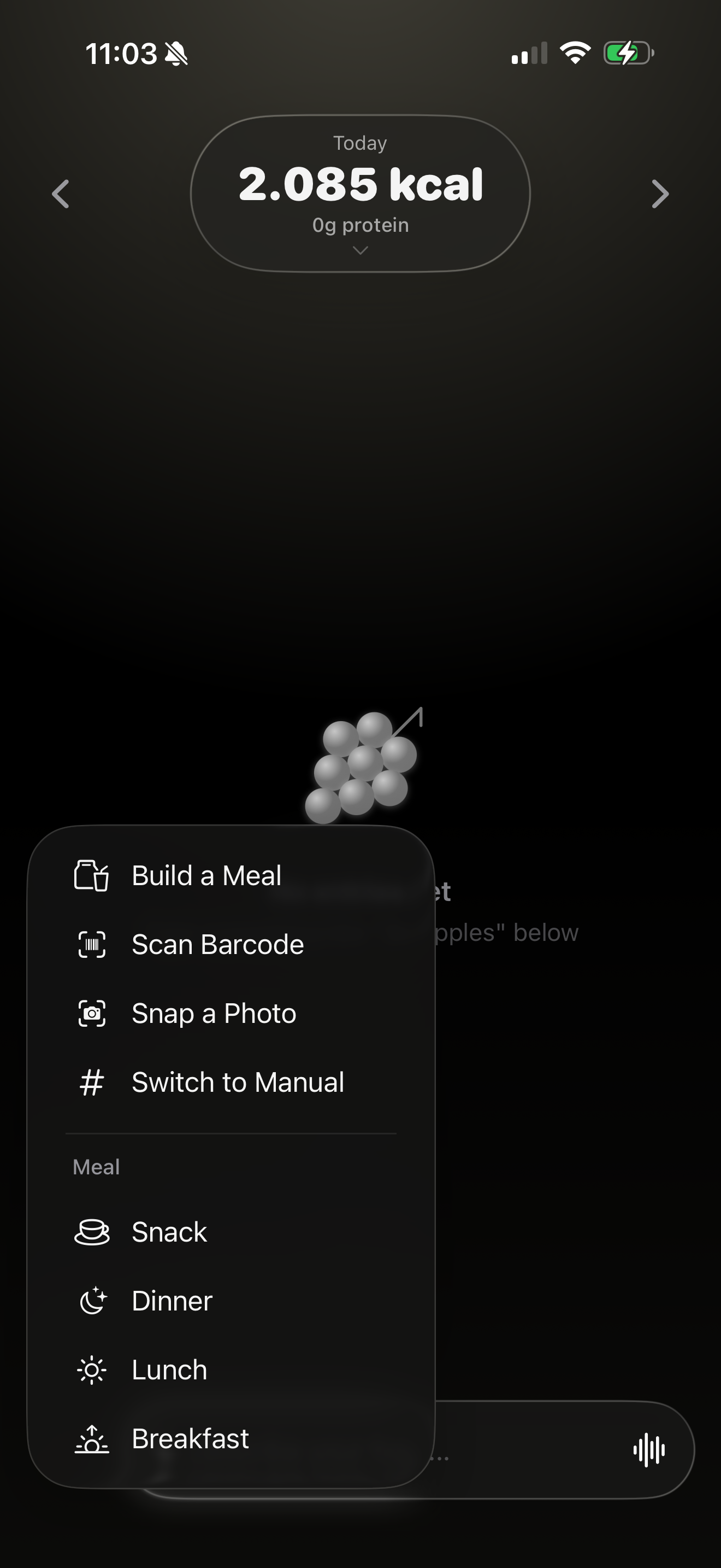 Quick actions: build a meal, scan, snap a photo, manual